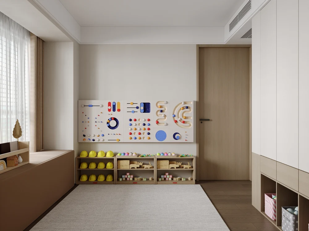 Minimalist family living space with adaptable custom storage