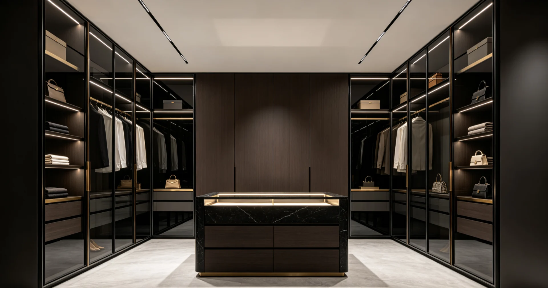 Luxurious walk-in closet with bespoke shelving, ambient lighting, and premium finishes