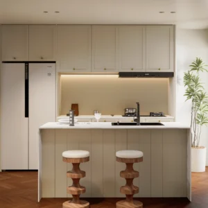 Blue French Cream & Natural Wood Custom Kitchen Cabinets Condo Project