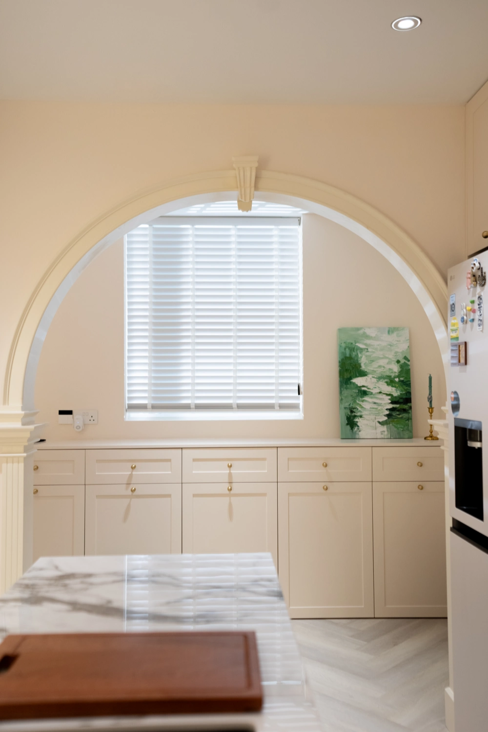 Blue French Cream & Natural Wood Custom Kitchen Cabinets Condo Project vertical view