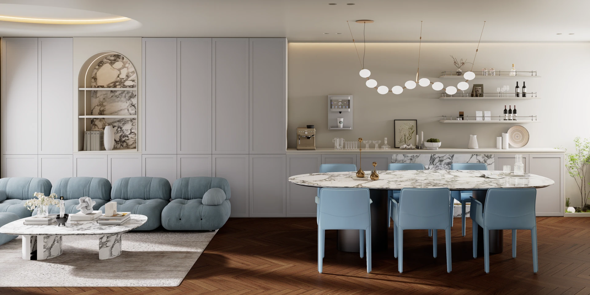 Blue French Cream & Natural Wood Custom Kitchen Cabinets Condo Project