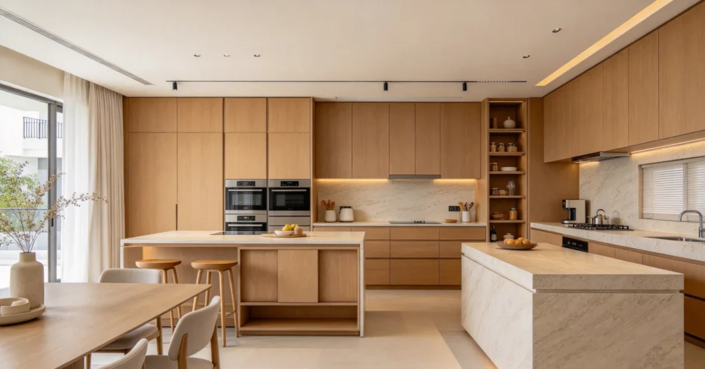 Custom kitchen cabinetry design in Malaysia with wood cabinets, pantry storage and a custom sideboard