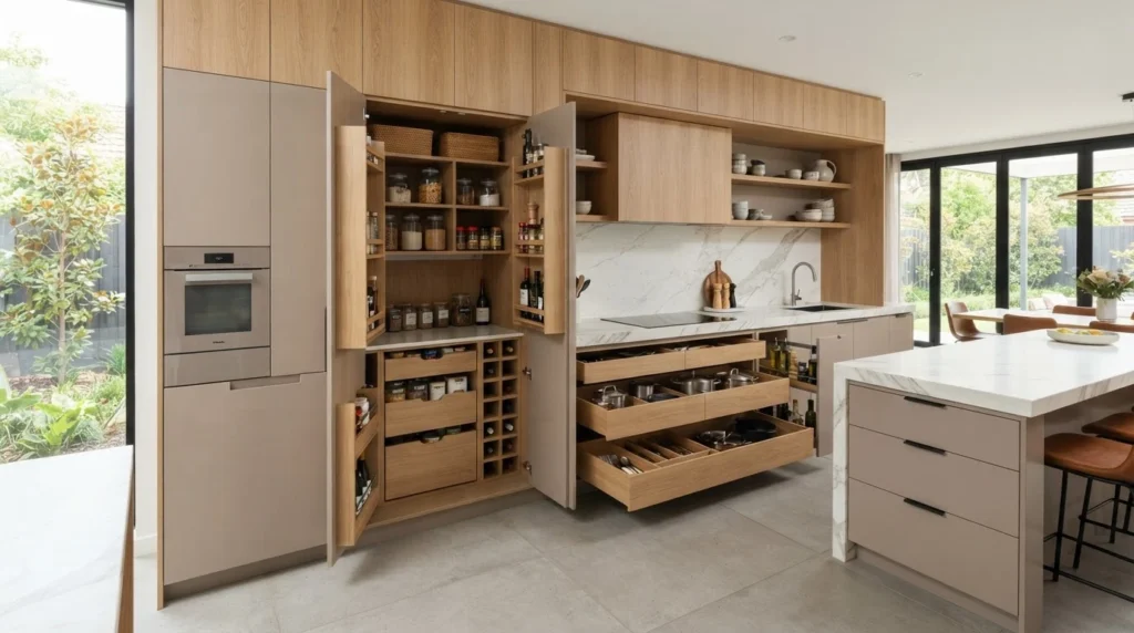 Custom storage solutions with pantry cabinets, drawers and integrated storage in an Australian kitchen