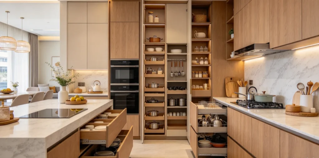 Modern kitchen cabinet and cupboard system with wood cabinetry and integrated storage in a Malaysian home
