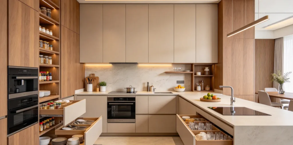 Modern kitchen design in Malaysia featuring custom wood kitchen cabinets, a luxury island and contemporary residential interior