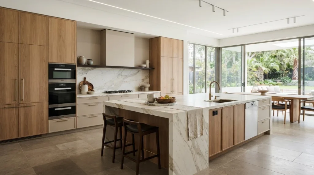 Custom kitchen cabinets with luxury kitchen design and natural timber finishes in an Australian home
