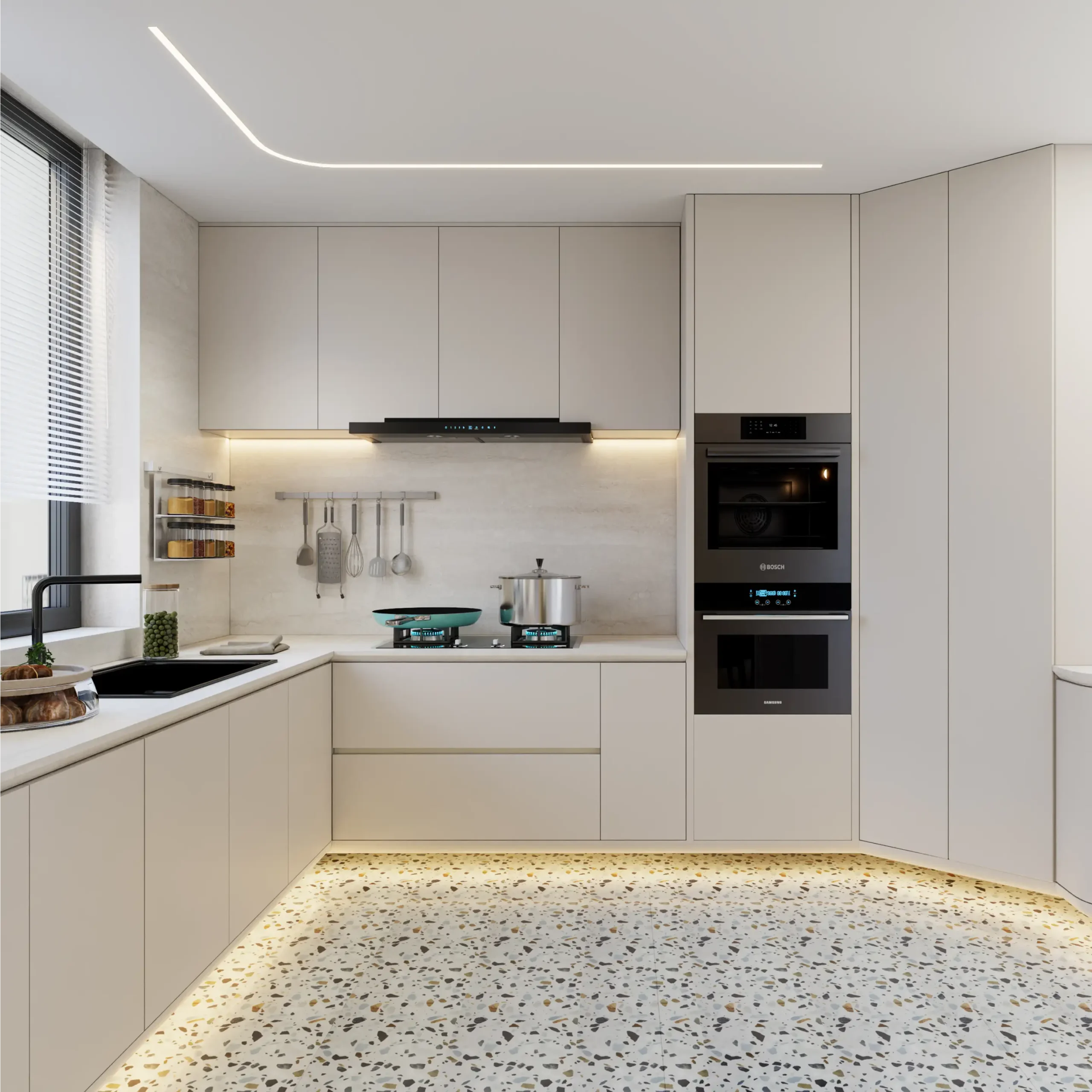 Cream-Style Condo Interior with Custom Rounded Cabinetry in Singapore interior view