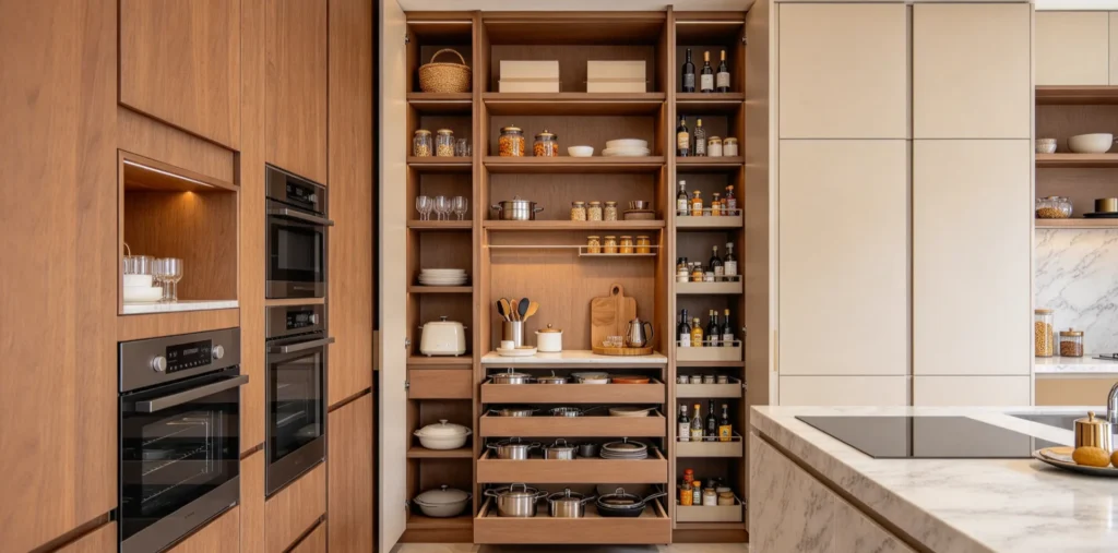 Custom kitchen cabinets and pantry storage with smart organization in a modern Malaysian home