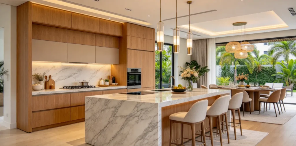 Custom kitchen design in Malaysia with modern kitchen cabinets, built-in storage solutions and organised pantry systems